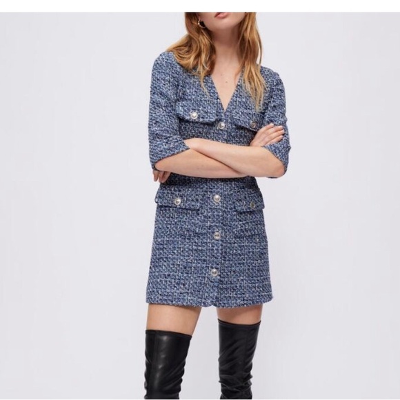Maje Dresses & Skirts - Maje Make Front Classic Preppy Rollye Knit Blue Dress Tweed Size 34